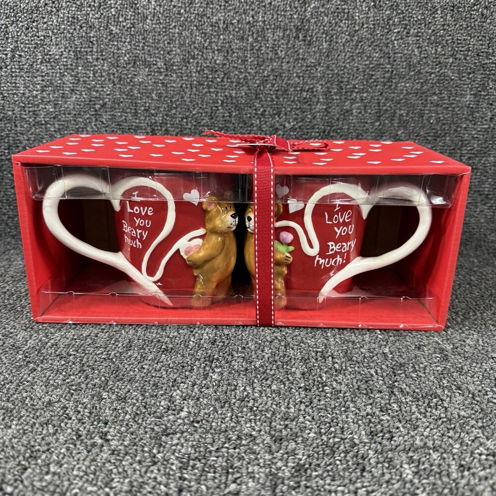 NEW Blue Sky Clayworks Kissing Figural Mug Set I LOVE YOU BEARY MUCH Handmade